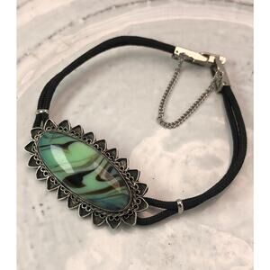 Groovy Vintage Sterling Silver Green Marbled Pendant on Watchband BRACELET